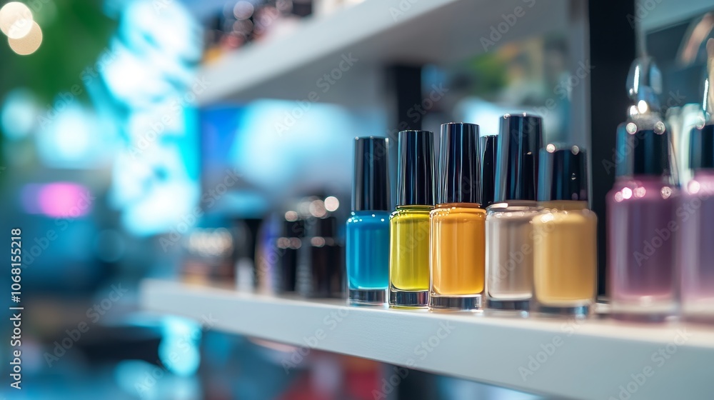 Shelf of bottle nail polish in beauty salon image abstract blur defocused background Shelf of bottle nail polish in beauty salon image abstract blur defocused background