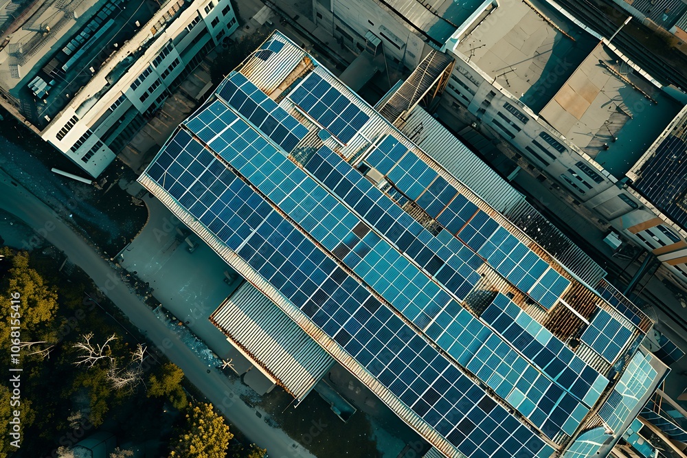 Blue solar panels on the top of an industrial building Blue solar panels on the top of an industrial building