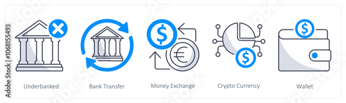 A set of 5 blockchain icons as underbanked, bank transfer, money exchange