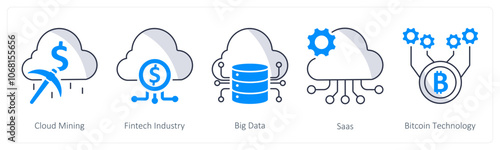 A set of 5 blockchain icons as cloud mining, fintech industry, big data
