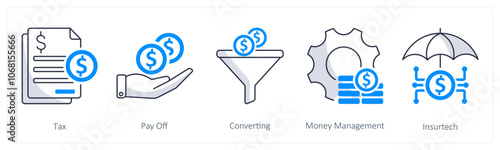 A set of 5 blockchain icons as tax, pay off, converting, money management