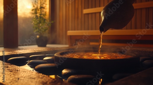 Person in a sauna pouring herbal infusion on stones, creating a fragrant steam photo