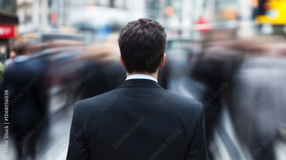 Back view of a young businessman walking in a busy street with blurry crowd in background Back view of a young businessman walking in a busy street with blurry crowd in background