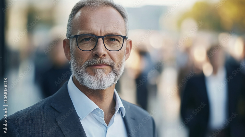 Portrait of a mature reassuring looking manager man with glasses outside in front of his team in blurry background Portrait of a mature reassuring looking manager man with glasses outside in front of his team in blurry background