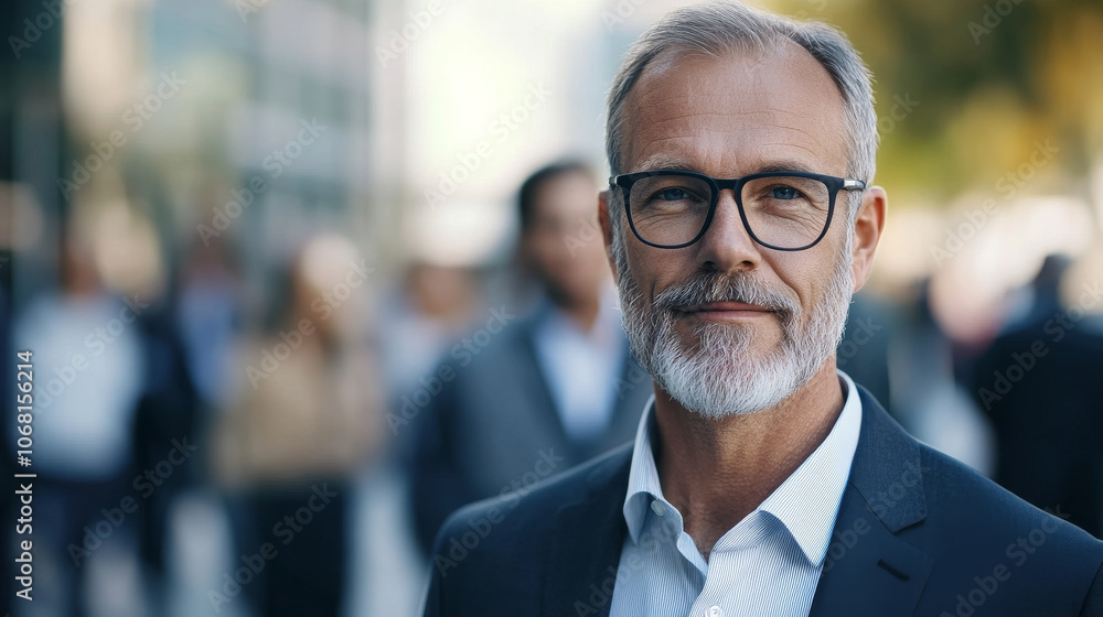 Portrait of a mature reassuring looking manager man with glasses outside in front of his team in blurry background Portrait of a mature reassuring looking manager man with glasses outside in front of his team in blurry background