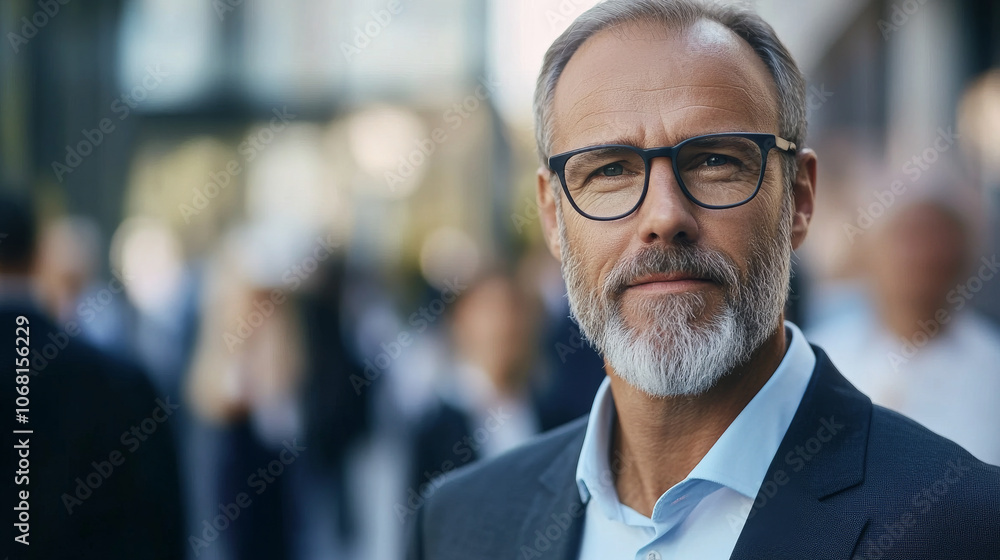 Portrait of a mature reassuring looking manager man with glasses outside in front of his team in blurry background Portrait of a mature reassuring looking manager man with glasses outside in front of his team in blurry background
