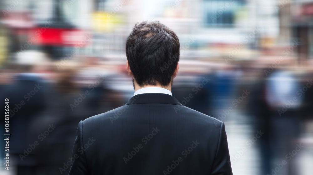 Back view of a young businessman walking in a busy street with blurry crowd in background Back view of a young businessman walking in a busy street with blurry crowd in background