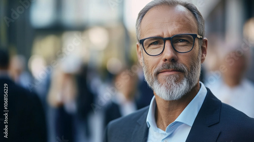Portrait of a mature reassuring looking manager man with glasses outside in front of his team in blurry background