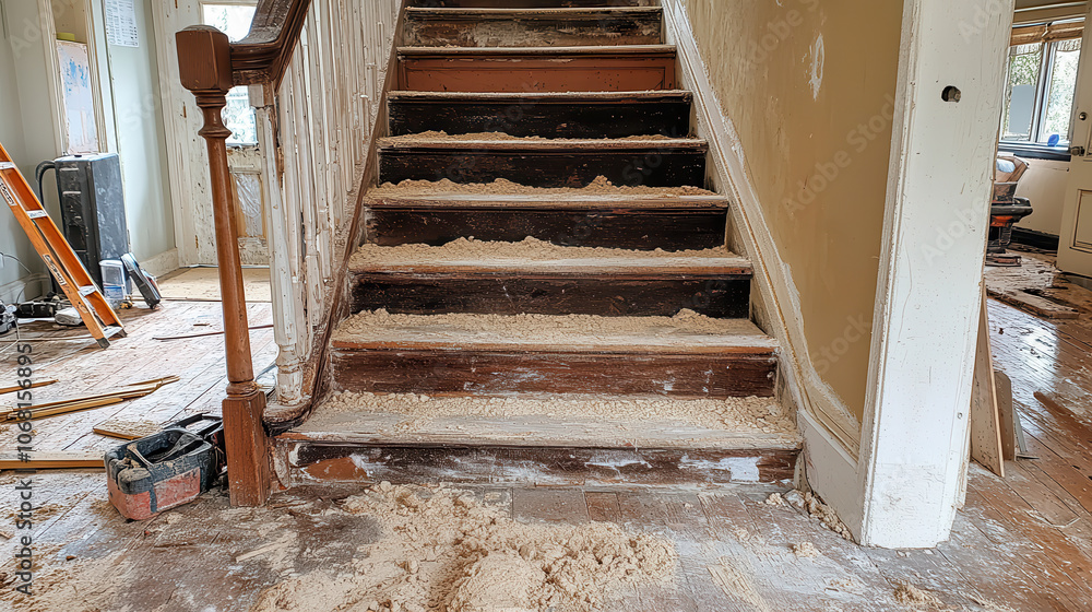 Renovation of staircase with dust and debris scattered around, showcasing process
