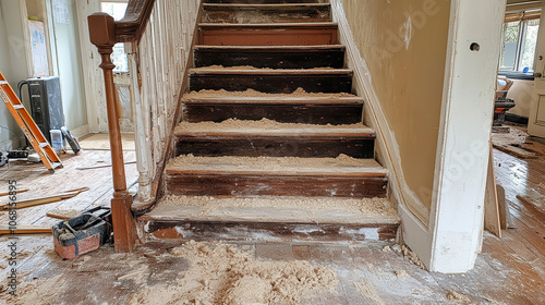 Obraz na płótnie Renovation of staircase with dust and debris scattered around, showcasing process w salonie