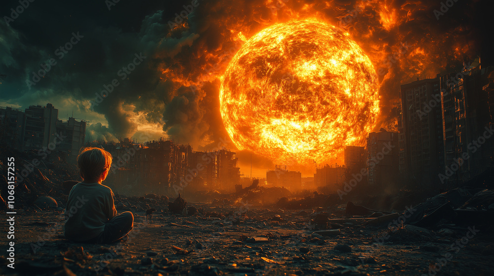 Obraz premium A child witnesses the devastating aftermath of an apocalyptic storm, symbolizing the catastrophic impact of unchecked global warming in a bleak, dystopian future