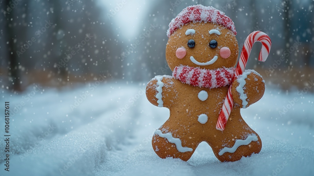 A gingerbread man holding a candy cane on a snowy background symbolizes festive holiday celebrations, ideal for Christmas-themed greeting cards and banners. A gingerbread man holding a candy cane on a snowy background symbolizes festive holiday celebrations, ideal for Christmas-themed greeting cards and banners.