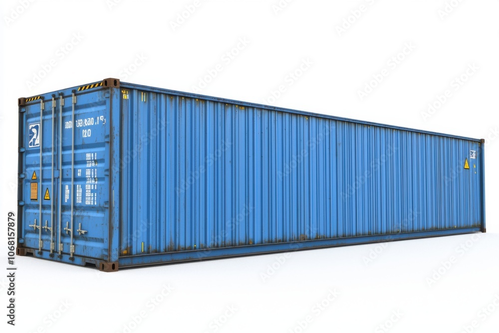 A blue shipping container with a weathered appearance, commonly used for transporting goods. A blue shipping container with a weathered appearance, commonly used for transporting goods.
