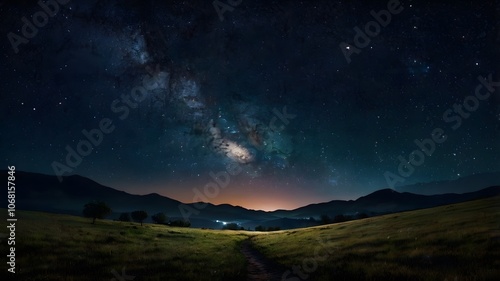 mystical starry milky way illuminating a serene landscape. Twinkling stars dark sky, mesmerizing & tranquil night scene