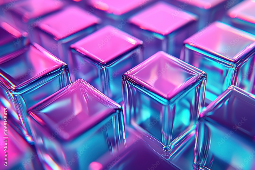 A close-up view of translucent cubes arranged in a vibrant gradient of pink and blue colors, creating a visually striking pattern. A close-up view of translucent cubes arranged in a vibrant gradient of pink and blue colors, creating a visually striking pattern.