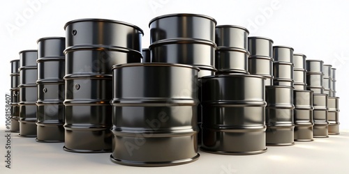 Black Oil Barrels Arranged on a Bright White Background, Perfect for Industrial Themes, Environmental Awareness, and Oil Industry Illustrations photo