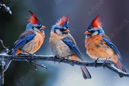 Elegant feathered beings rest on branches, revealing their detailed plumage against a softly diffused backdrop in a stunning photograph. photo