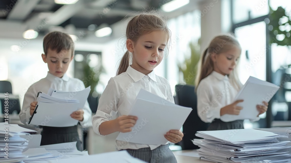 Fototapeta premium Kids dressed as office workers, handling papers and files in a modern corporate office