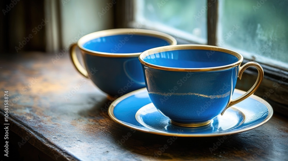 Elegant Blue Tea Cups on Rustic Windowsill Elegant Blue Tea Cups on Rustic Windowsill