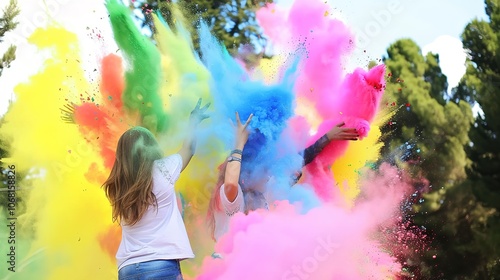 Colored Powder Explosion in the Background - a vibrant and exciting visual. The colored powder explosion in the background creates a dynamic and eye-catching look. It gives the impression of a spectac photo