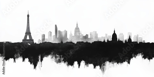 A simple drawing of the Paris skyline, using only black and white.