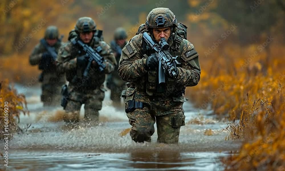 Soldiers maneuvering through water in a tactical training exercise. Soldiers maneuvering through water in a tactical training exercise.