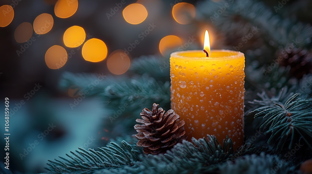 A glowing candle on a Christmas tree with bokeh lights in the background, perfect for holiday prayers or seasonal banners. A glowing candle on a Christmas tree with bokeh lights in the background, perfect for holiday prayers or seasonal banners.