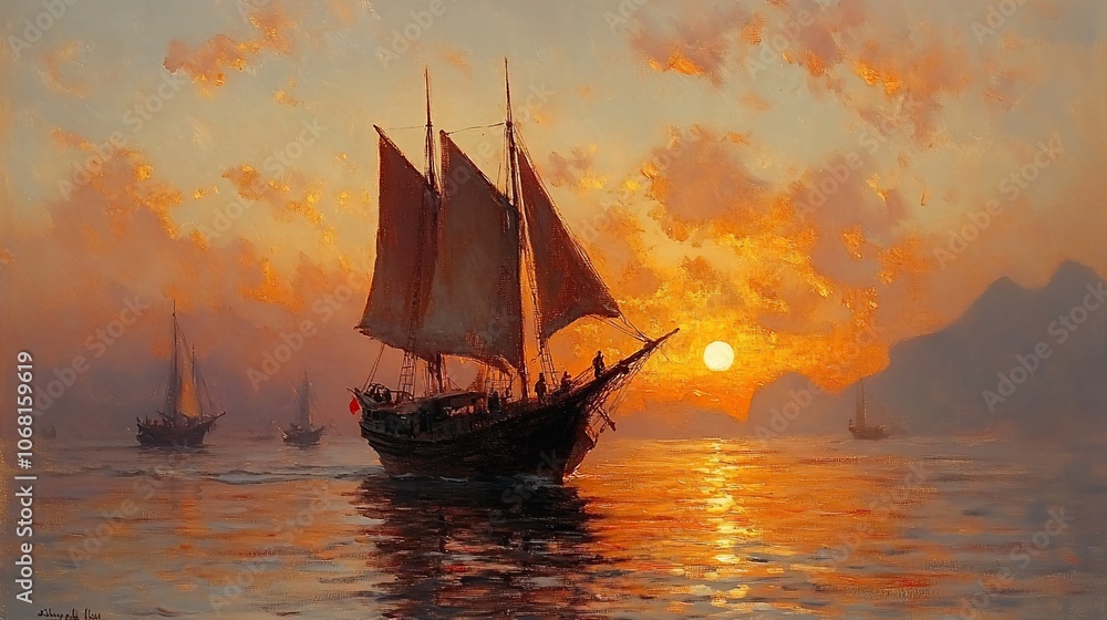 Fototapeta premium A sailboat with sails raised, sails towards the sunset on a calm sea. There are other boats in the distance. The sky is filled with orange and yellow clouds.