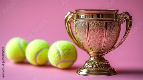 A gold champion’s cup and tennis balls set against a pink background, symbolizing victory and celebration for major sports championships and tournaments. photo