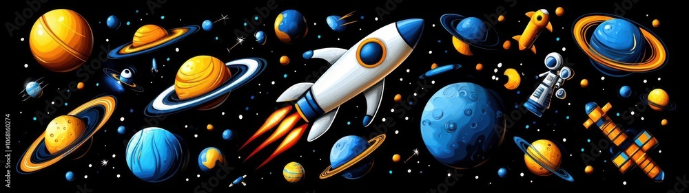 A vibrant outer space scene featuring rockets, planets, and an astronaut, showcasing the wonders of the universe. A vibrant outer space scene featuring rockets, planets, and an astronaut, showcasing the wonders of the universe.