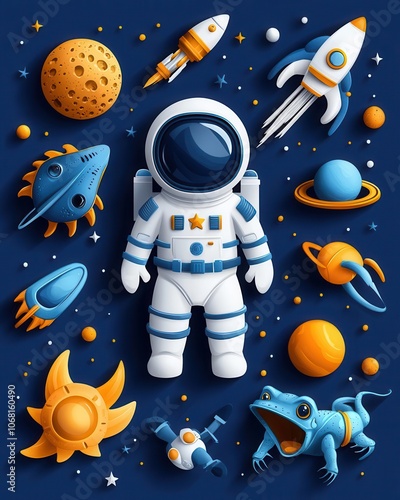 Colorful space scene featuring an astronaut, rockets, planets, and whimsical creatures against a starry background.