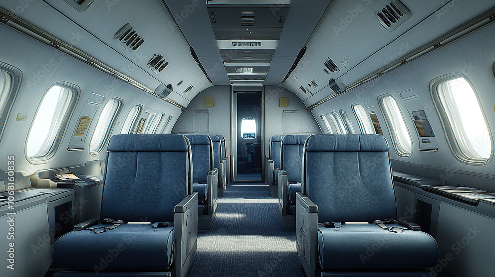 A highly realistic interior of an aircraft with blue seats, white walls, and a grey floor A highly realistic interior of an aircraft with blue seats, white walls, and a grey floor