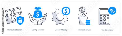 A set of 5 business icons as money protection, saving money, money making