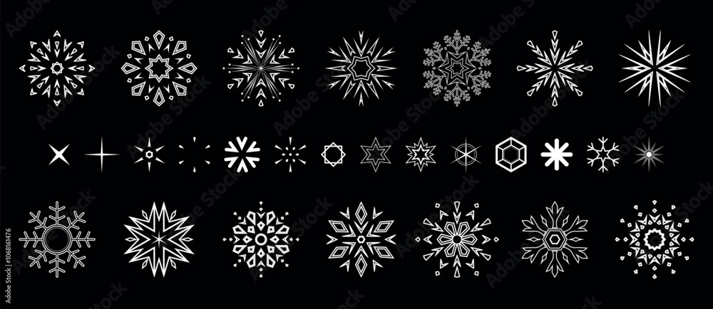 Snowflakes icon collection. Graphic modern black and white ornament. Snowflakes icon collection. Graphic modern black and white ornament.