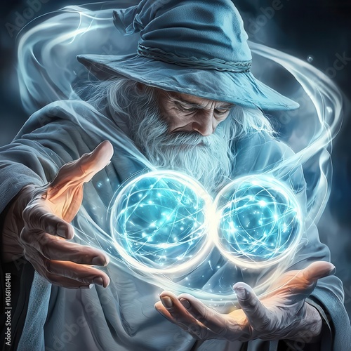 An enigmatic wizard conjures mystical orbs of energy, depicting the essence of magic and ancient wisdom in a captivating scene.
