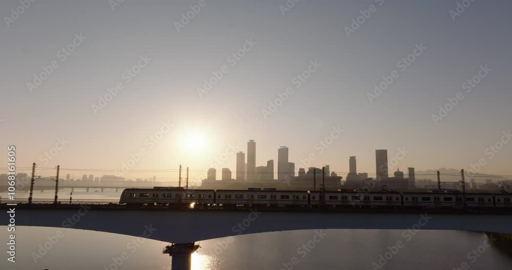 Sunrise Over Han River with Subway Crossing Dangsan Railway Bridge, Seoul Aerial View Sunrise Over Han River with Subway Crossing Dangsan Railway Bridge, Seoul Aerial View