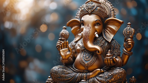 A golden statue of Hindu god Ganesha stands on a dark blue background, symbolizing religious festivals and cultural celebrations.