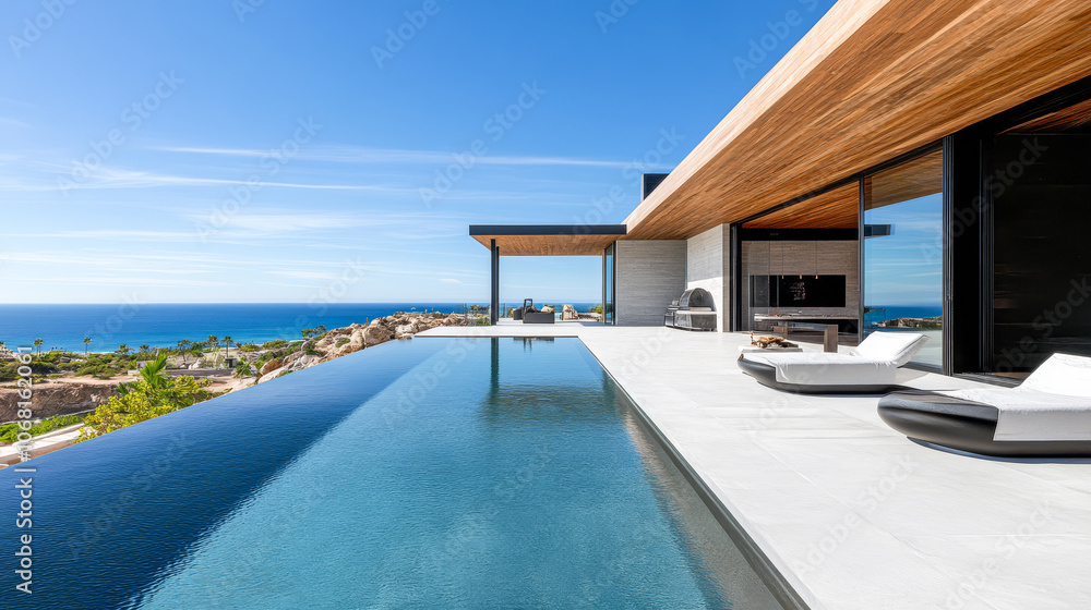 Fototapeta premium Modern luxury villa with an infinity pool overlooking the ocean in a sunny coastal location