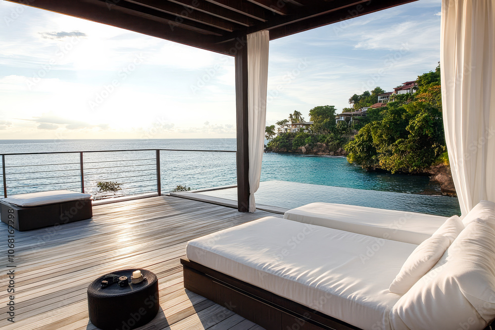 Fototapeta premium Tranquil ocean view from a stylish terrace overlooking the calm waters at sunset
