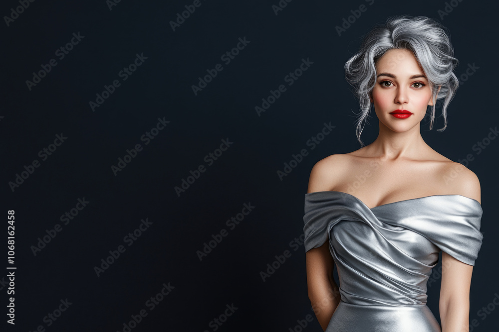 Elegant woman in shimmering silver gown against deep dark backdrop, showcasing contemporary fashion artistry and striking visual contrast. Elegant woman in shimmering silver gown against deep dark backdrop, showcasing contemporary fashion artistry and striking visual contrast.