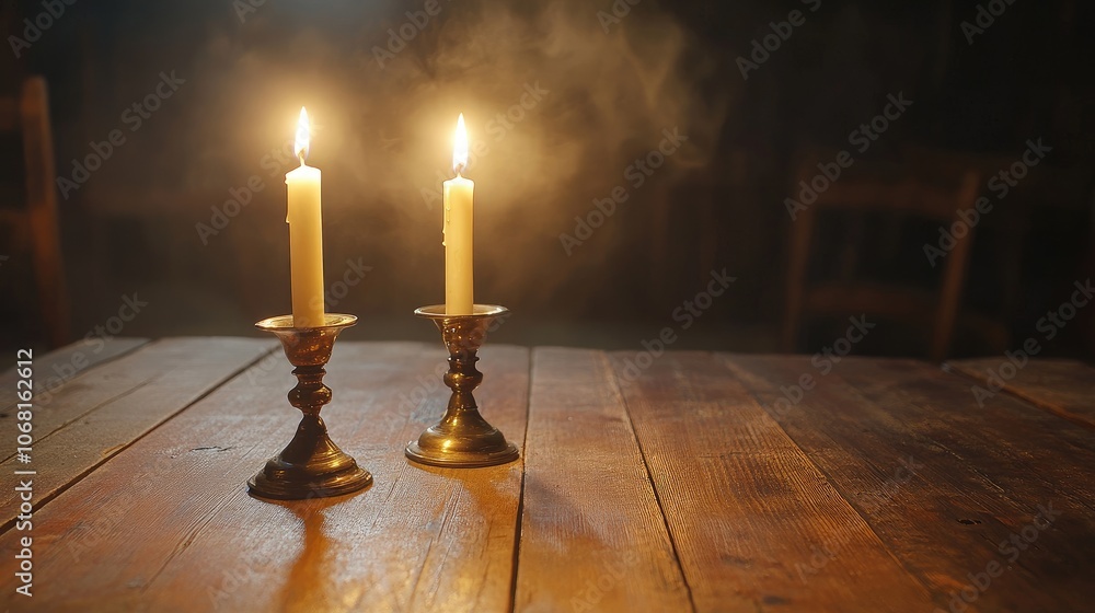 Elegant Candles on a Rustic Wooden Table Elegant Candles on a Rustic Wooden Table