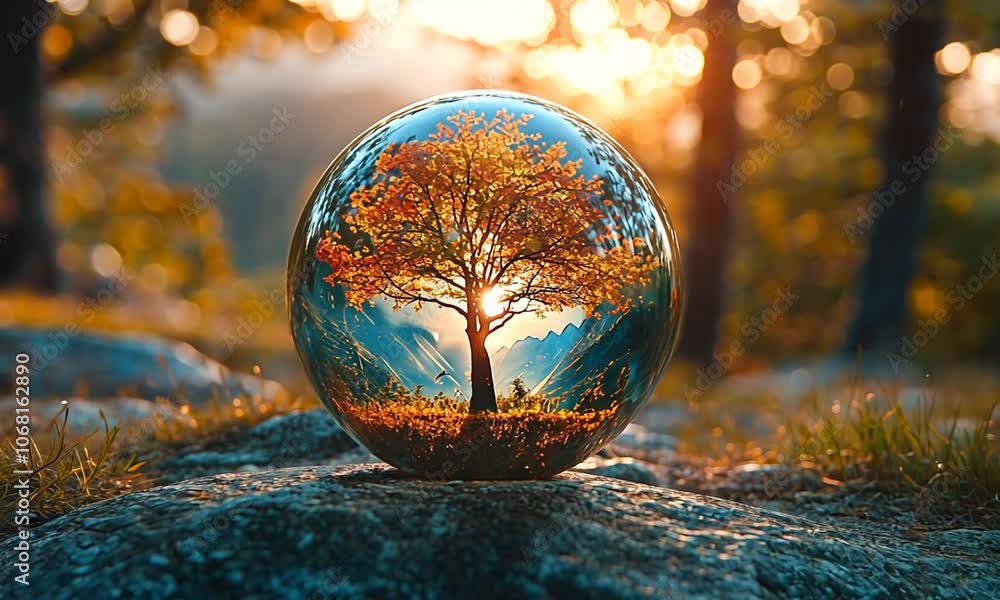 A glass orb reflecting a vibrant tree in a serene landscape. A glass orb reflecting a vibrant tree in a serene landscape.