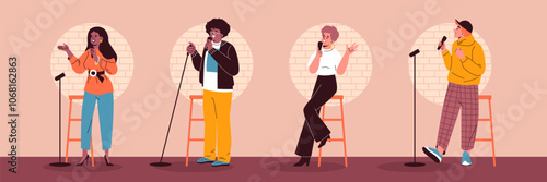Vector collection open mic illustrations: Comedians girls and boys telling a humorous story on stage