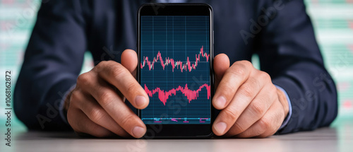 Crypto trader analyzing market trends on a smartphone, engaged in stock trading through a digital exchange platform, focused and strategic. photo