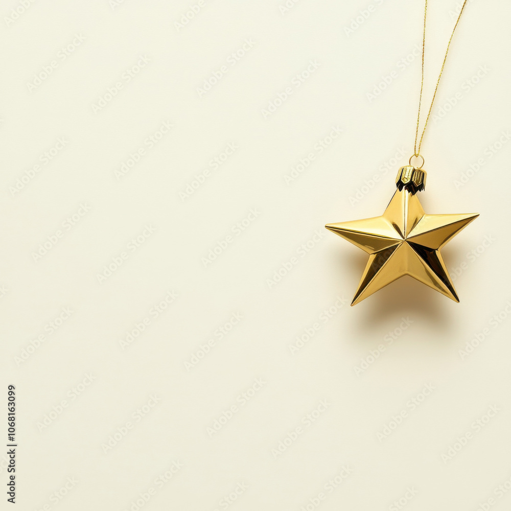 minimalist gold star ornament hanging off center on soft beige background, creating serene and elegant atmosphere. Perfect for holiday decor minimalist gold star ornament hanging off center on soft beige background, creating serene and elegant atmosphere. Perfect for holiday decor