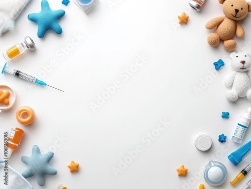 A playful medical flat lay featuring toys, syringes, and colorful medical supplies, perfect for pediatric themes.