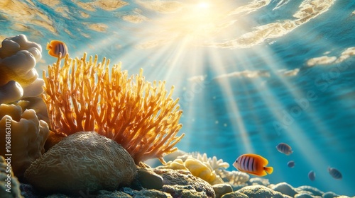 Vibrant coral reef with fish, underwater sunlight rays photo