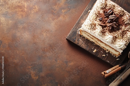 Creative food concept. Traditional italian dessert Tiramisu pastry cake with mascarpone cream and flavoured with cocoa powder and coffee bean on brown rustic background, generative ai photo