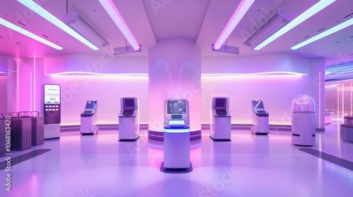 Modern retail store featuring advanced self-checkout stations with vibrant lighting and minimalist design, promoting an efficient shopping experience photo