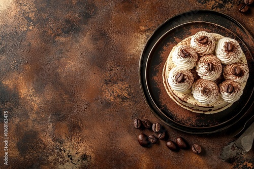 Creative food concept. Traditional italian dessert Tiramisu pastry cake with mascarpone cream and flavoured with cocoa powder and coffee bean on brown rustic background, generative ai photo